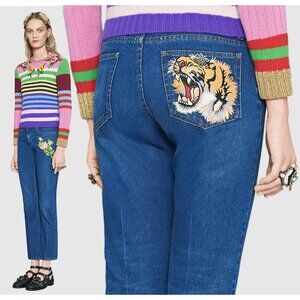 GUCCI JEANS DENIM EMBROIDERED FLOWER ROARING TIGER sz 32 IT 46 US XL